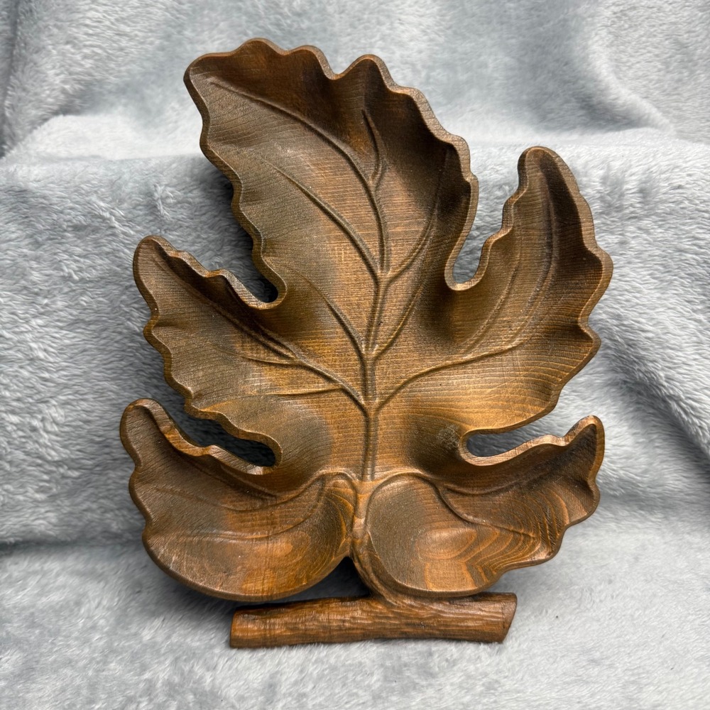 Vintage Hand Carved Wooden Leaf Tray Trinket Dish Catchall Rustic Home Decor